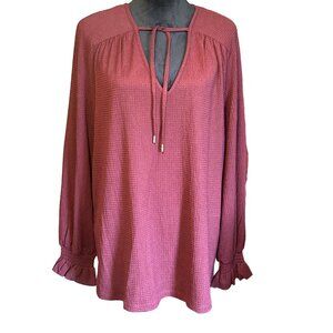 💖Michael Kors Burgundy Textured Long Sleeve Blouse With Tie Neck Detail-Size M